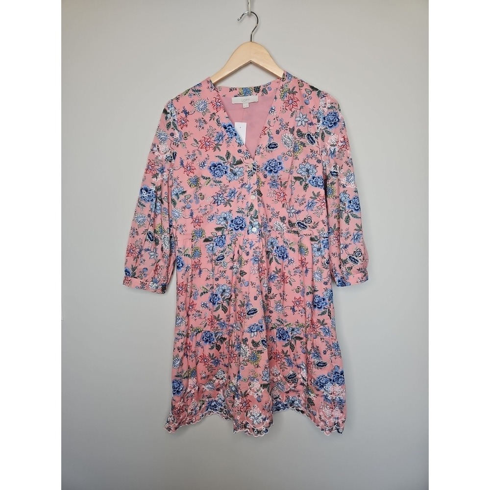 Loft Swing Shirt Dress 10 Pink Floral Embroidered CottageCore Boho Cotton Fairy
